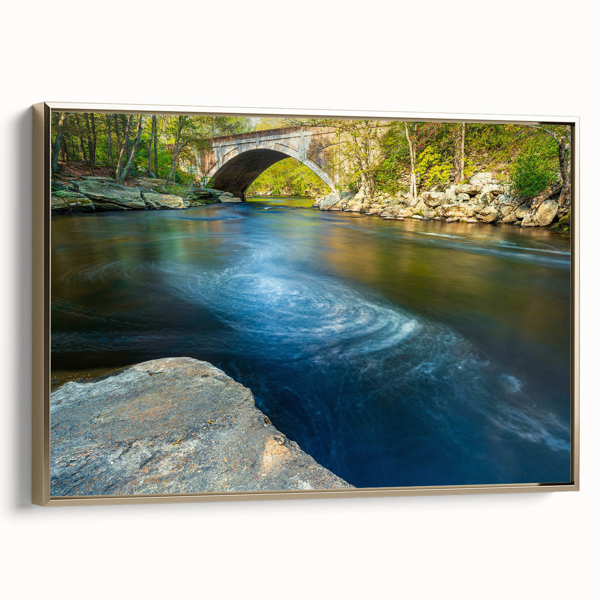 Framed canvas depicting a serene Connecticut landscape in muted earth tones, ideal for bedroom wall decor.