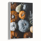 Vintage poster art featuring an autumnal scene with colorful leaves on a black background, framed canvas.