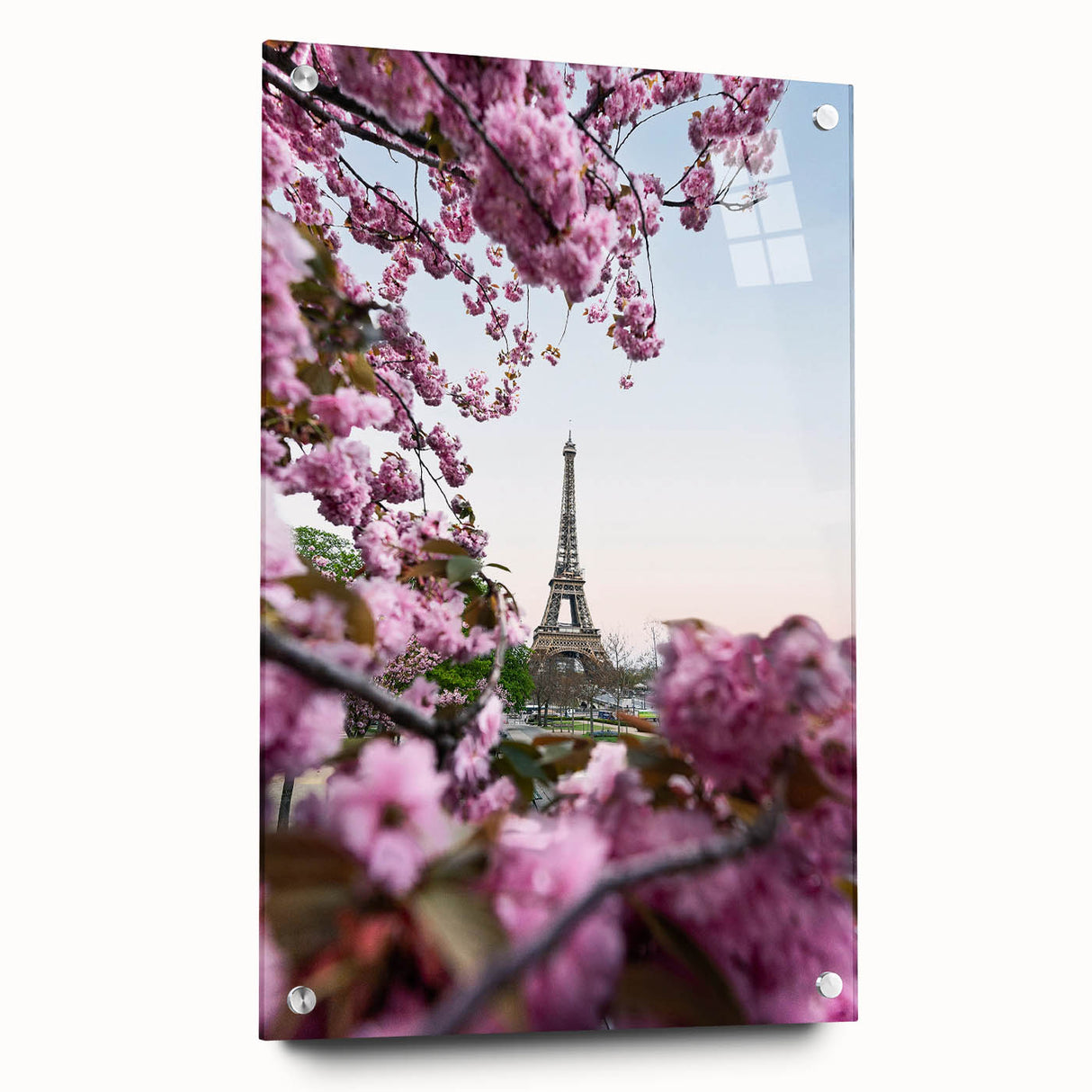 Large abstract wall art on acrylic glass depicting spring colors, ideal for bedroom or dining room decor.
