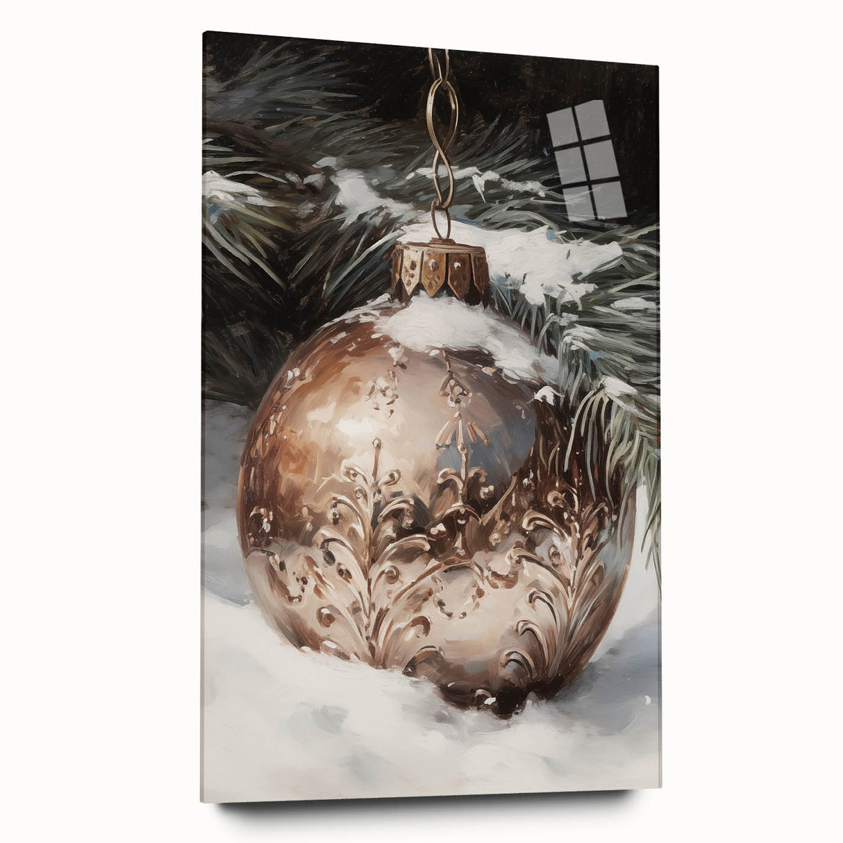 Large abstract wall art on acrylic glass depicting winter scene in muted blue and white tones.