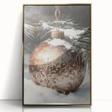 Framed acrylic print of a winter scene in mid-century modernist style, featuring muted blue and white tones.