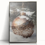 Mid-century modernist art depicting a winter scene in muted blue and silver tones on a framed acrylic print.