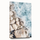 Large abstract wall art in vibrant shades of blue and orange on acrylic glass, ideal for bedroom or dining room decor.