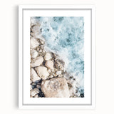 Abstract art print featuring swirling blue and white patterns on a framed canvas, ideal for modern dining room decor.