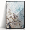 Large abstract wall art in mid-century modernist style, featuring swirling blue and orange hues on a framed acrylic print.