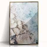 Large art print of a mid-century modernist style, featuring geometric shapes in gold and white on acrylic.