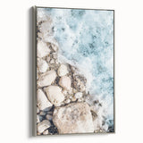 Landscape painting on framed canvas featuring a summer scene with vibrant colors and vintage poster style.