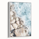 Vintage poster art of a colorful abstract design on a large framed canvas, ideal for living room decor.