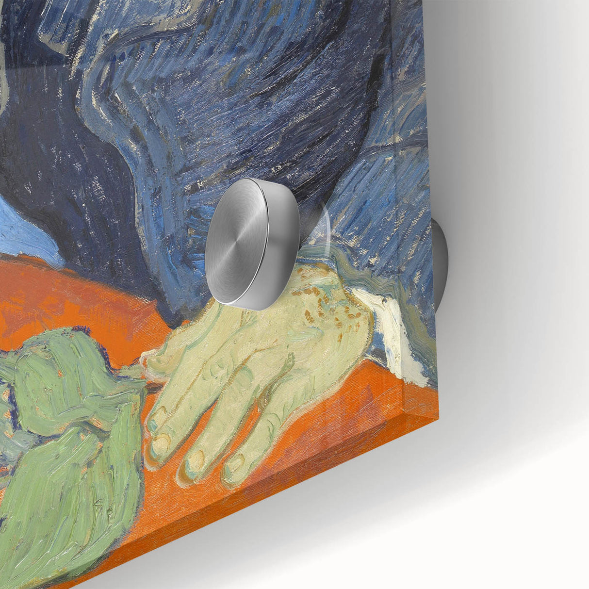 Large abstract wall art print of Van Gogh-inspired swirls in vibrant blues and yellows on acrylic glass.