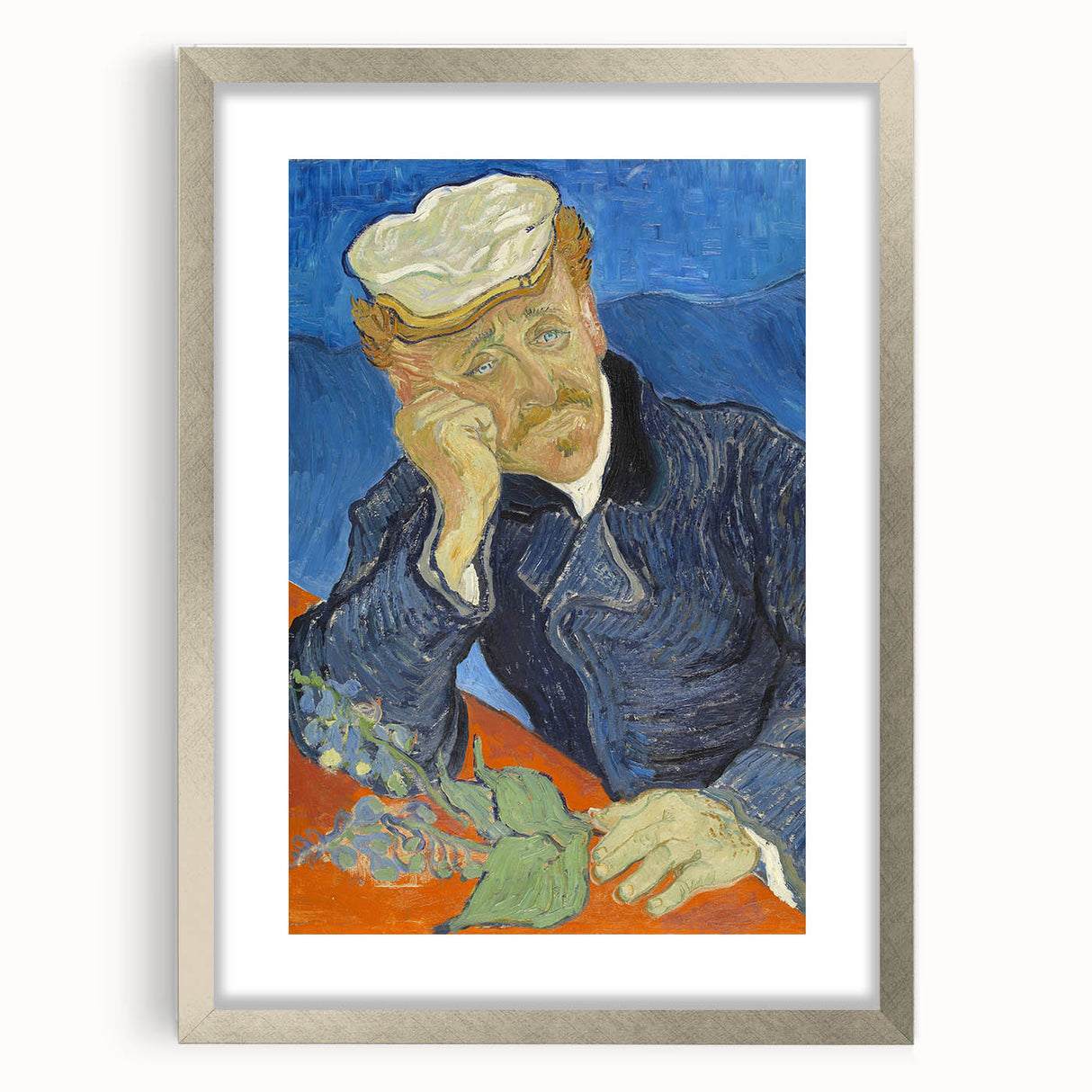 Extra large abstract art print of textured swirls in vibrant blues and yellows on a framed canvas.