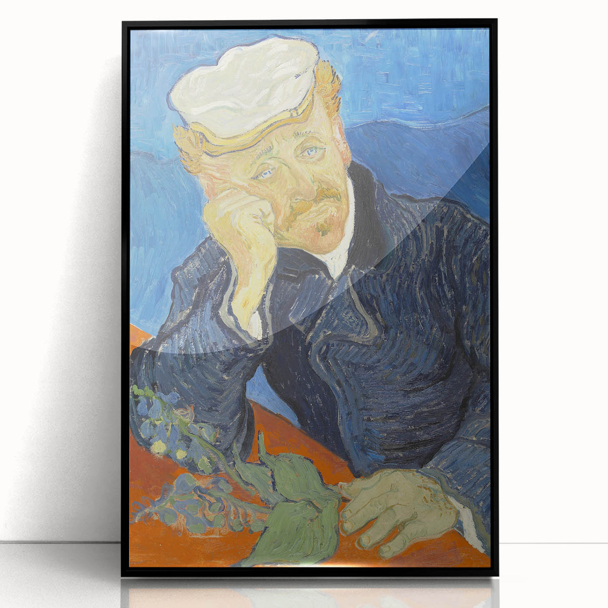 Large abstract wall art on acrylic featuring swirls in blue and yellow tones, framed in black.