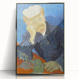 Large art print of Van Gogh's Starry Night in a silver frame, featuring swirling blue and yellow tones.