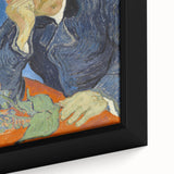 Close-up of a textured, extra large framed canvas depicting colorful, abstract art in black tones.