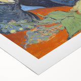 Art deco poster featuring a stylized cityscape in muted gray and blue tones on rolled canvas, suitable for dining room decor.