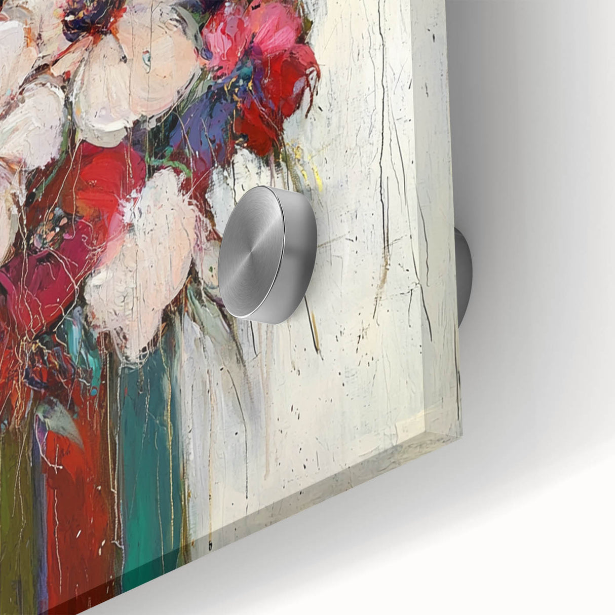 Close-up of vibrant abstract floral acrylic artwork on glass, showcasing intricate details and rich colors, perfect for modern home decor.