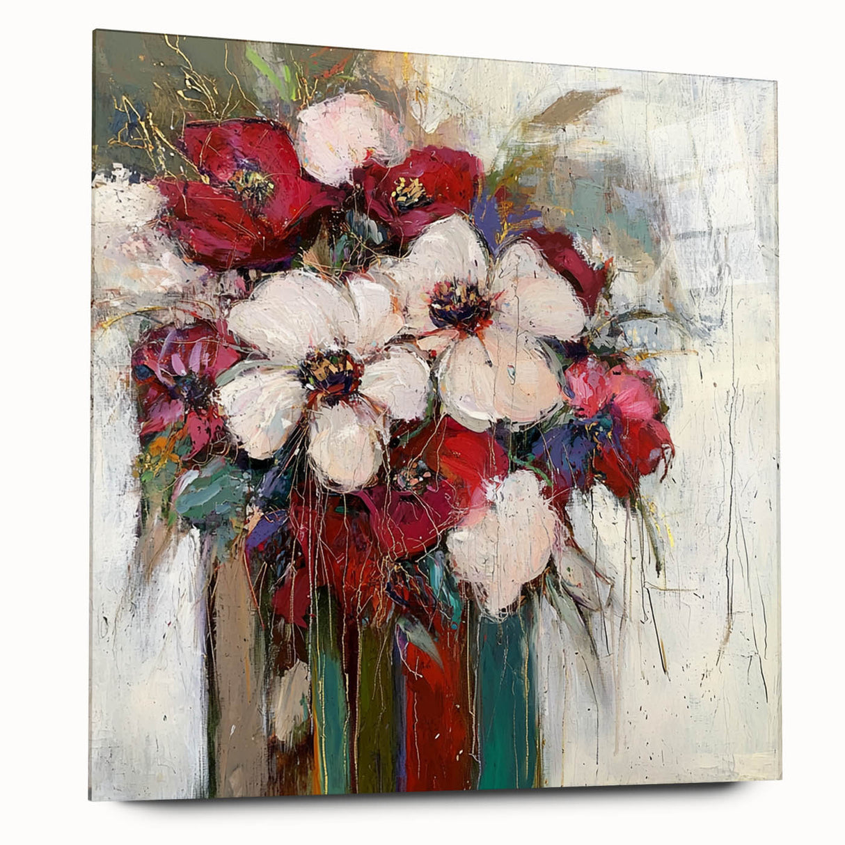 Abstract floral design in vibrant hues on a sleek acrylic glass panel, showcasing a modern artistic style. Perfect for contemporary home decor, side view highlights the clarity and depth of colors.