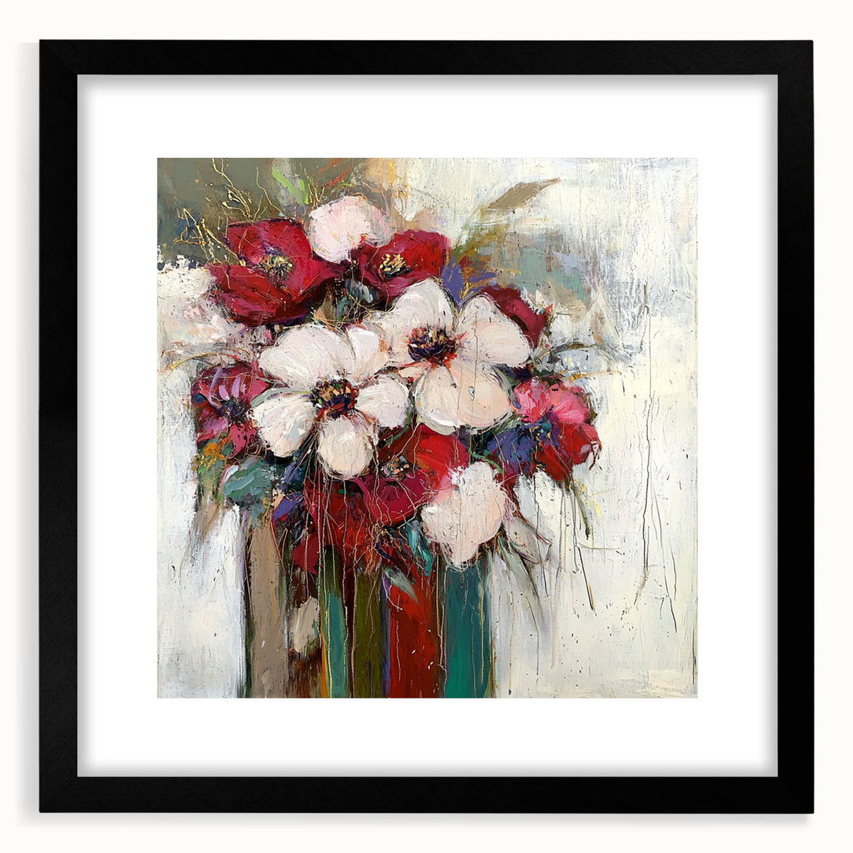 Abstract floral frame with a black mat, showcasing vibrant colors and intricate patterns, perfect for modern home decor or art enthusiasts, front view display.