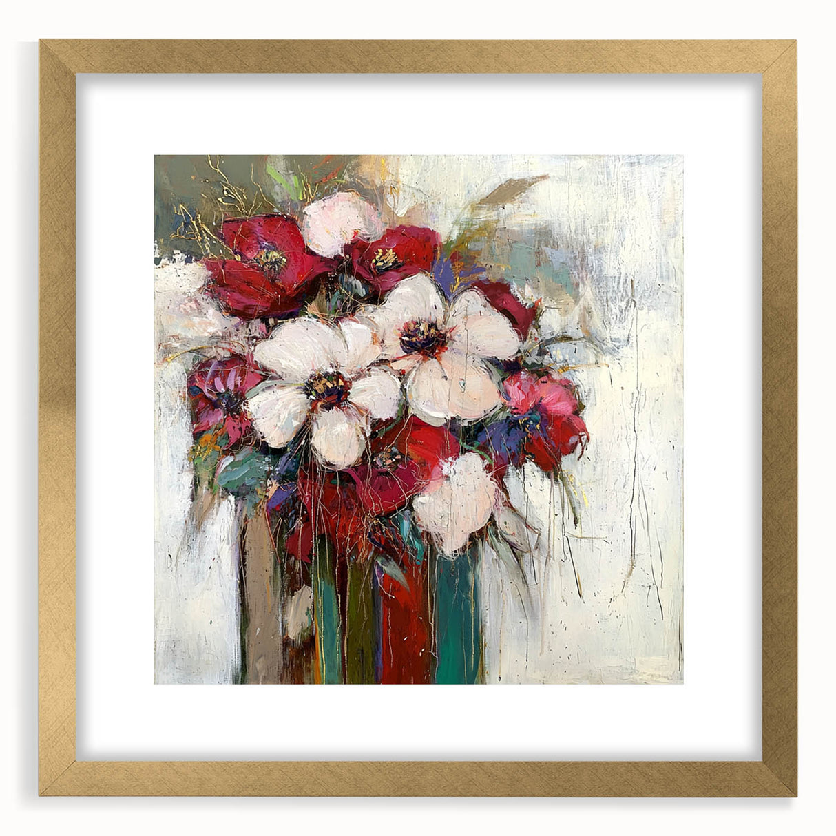 Abstract floral frame artwork with a gold mat, showcasing vibrant colors and intricate designs, ideal for home decor or art display. Perfect for adding elegance to any space.