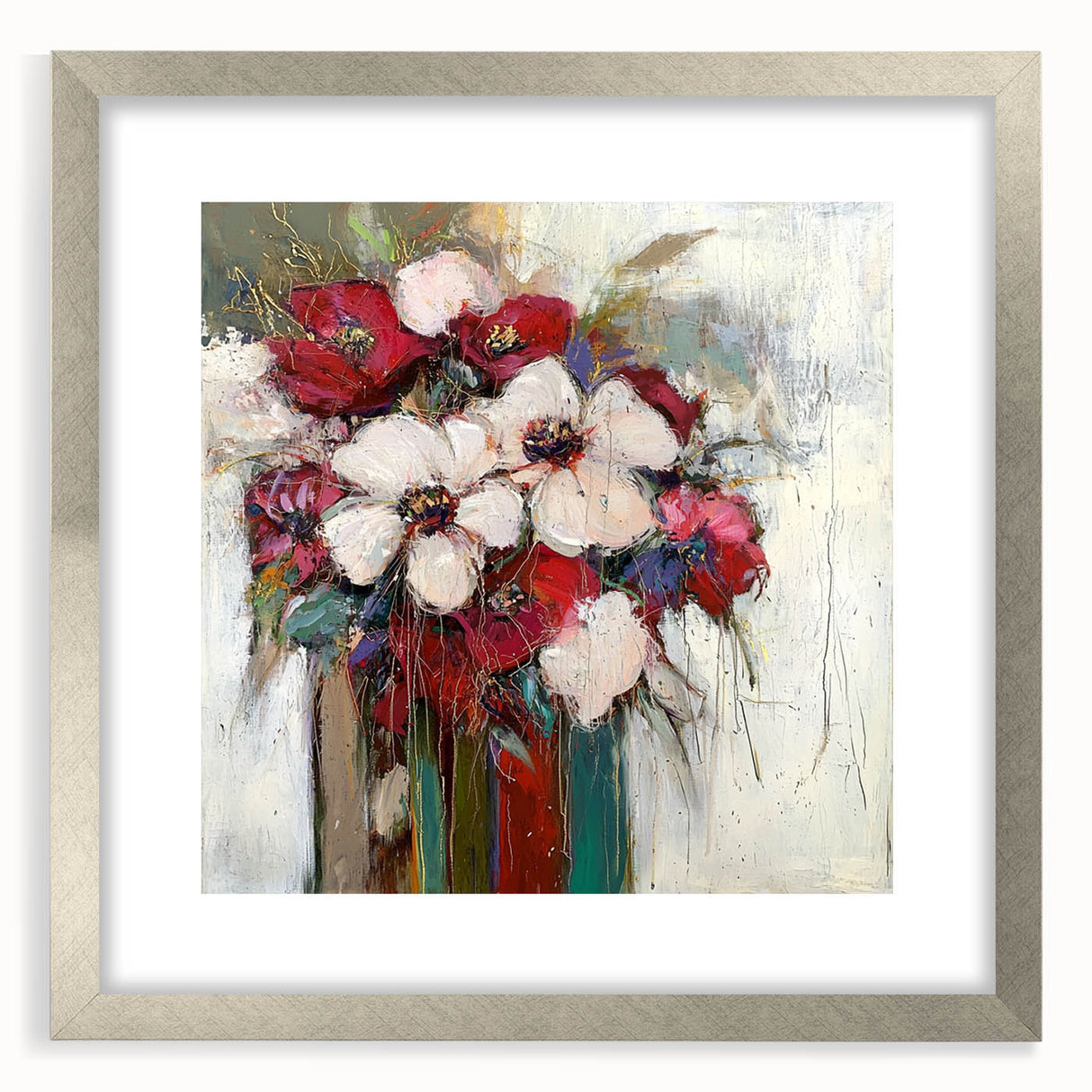 Abstract floral frame design with a silver mat, showcasing vibrant colors and intricate patterns, ideal for modern home decor or art exhibitions.