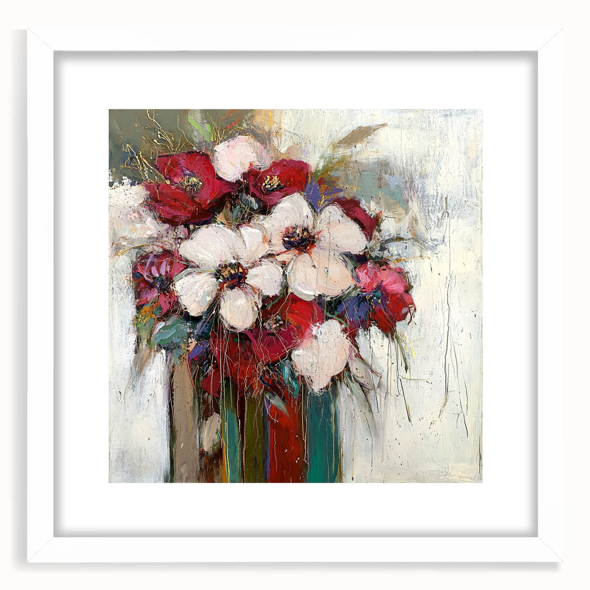 Abstract floral frame design with a white mat, showcasing intricate colorful blossoms and leaves, perfect for enhancing home decor aesthetics.