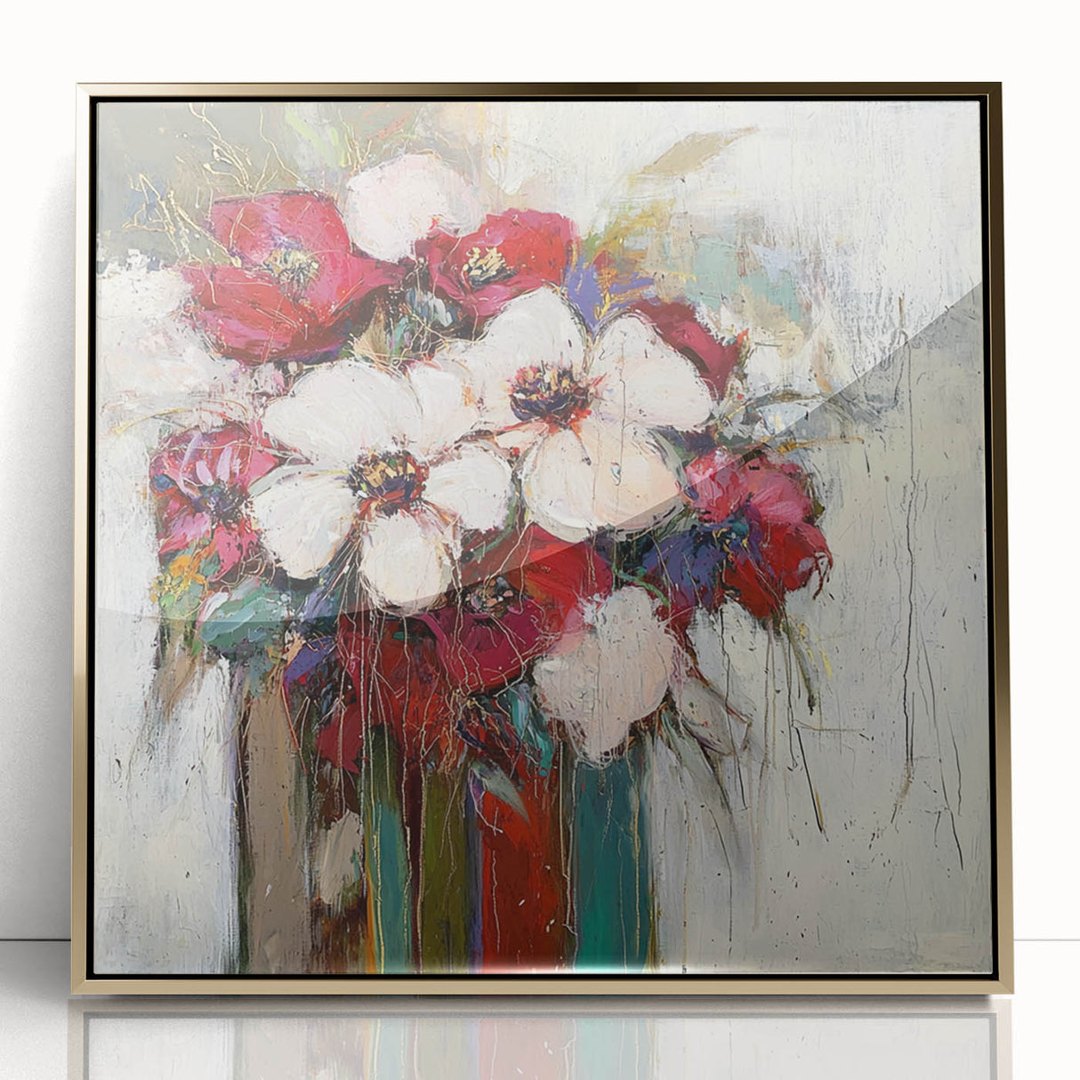 Framed acrylic artwork featuring an abstract floral design with gold accents, set against a neutral background, perfect for modern home decor. Ideal for adding elegance to living spaces.