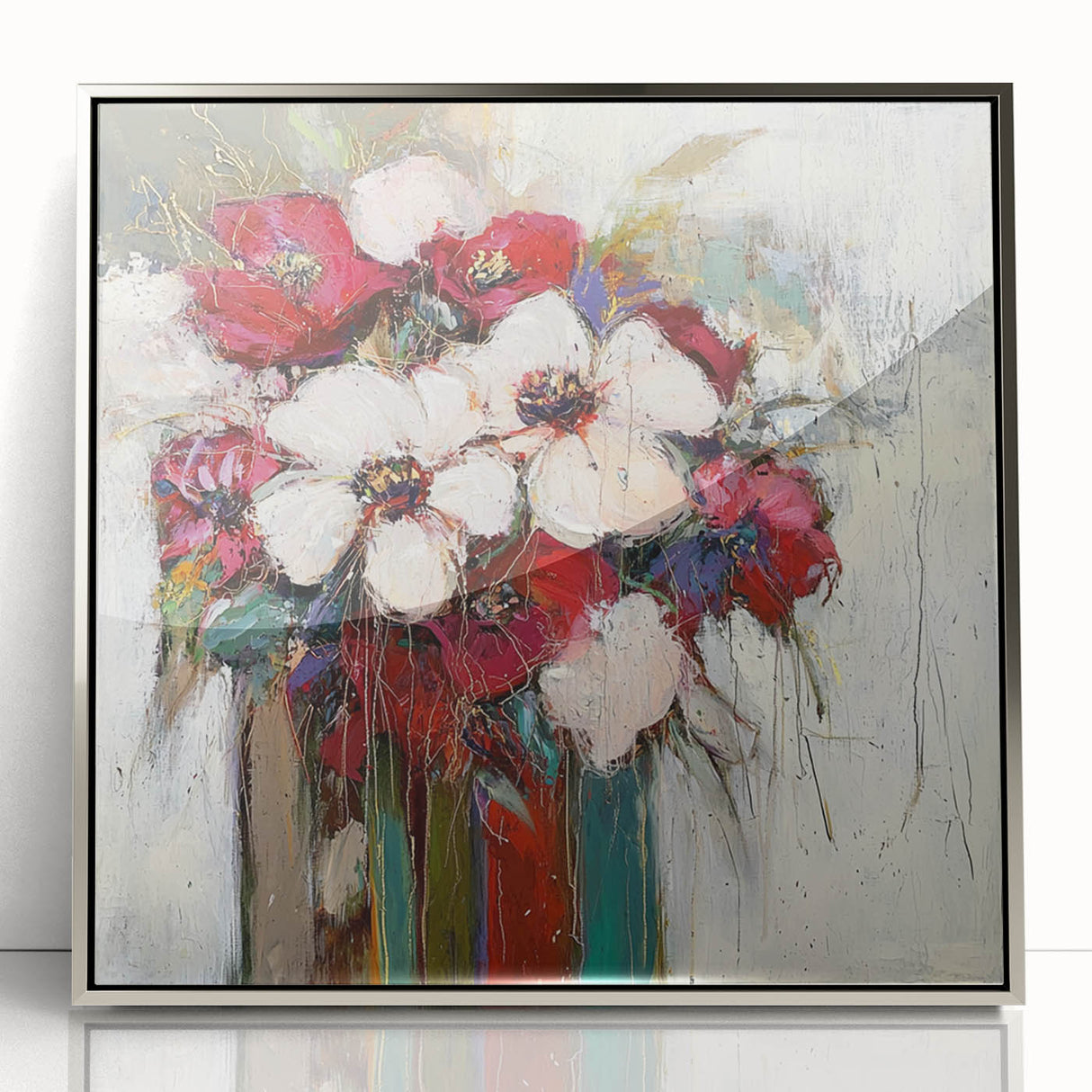Framed abstract floral artwork in silver acrylic, showcasing vibrant colors and intricate patterns, perfect for modern home decor and artistic display.