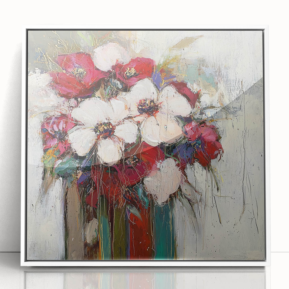 Abstract floral design framed in acrylic, showcasing vibrant colors and intricate patterns, ideal for modern home decor. Perfect for adding elegance to any space.