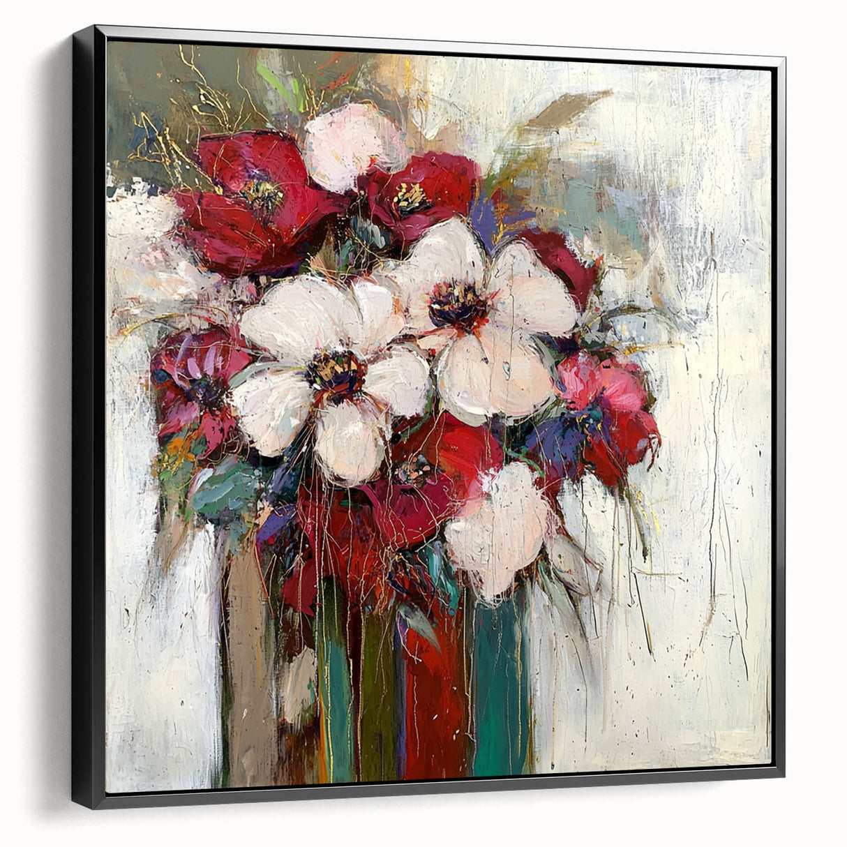 Framed black abstract floral canvas art showcasing intricate designs and vibrant colors, perfect for modern decor. Side view highlights the elegant frame and textured surface. Ideal for enhancing any living space or office ambiance.