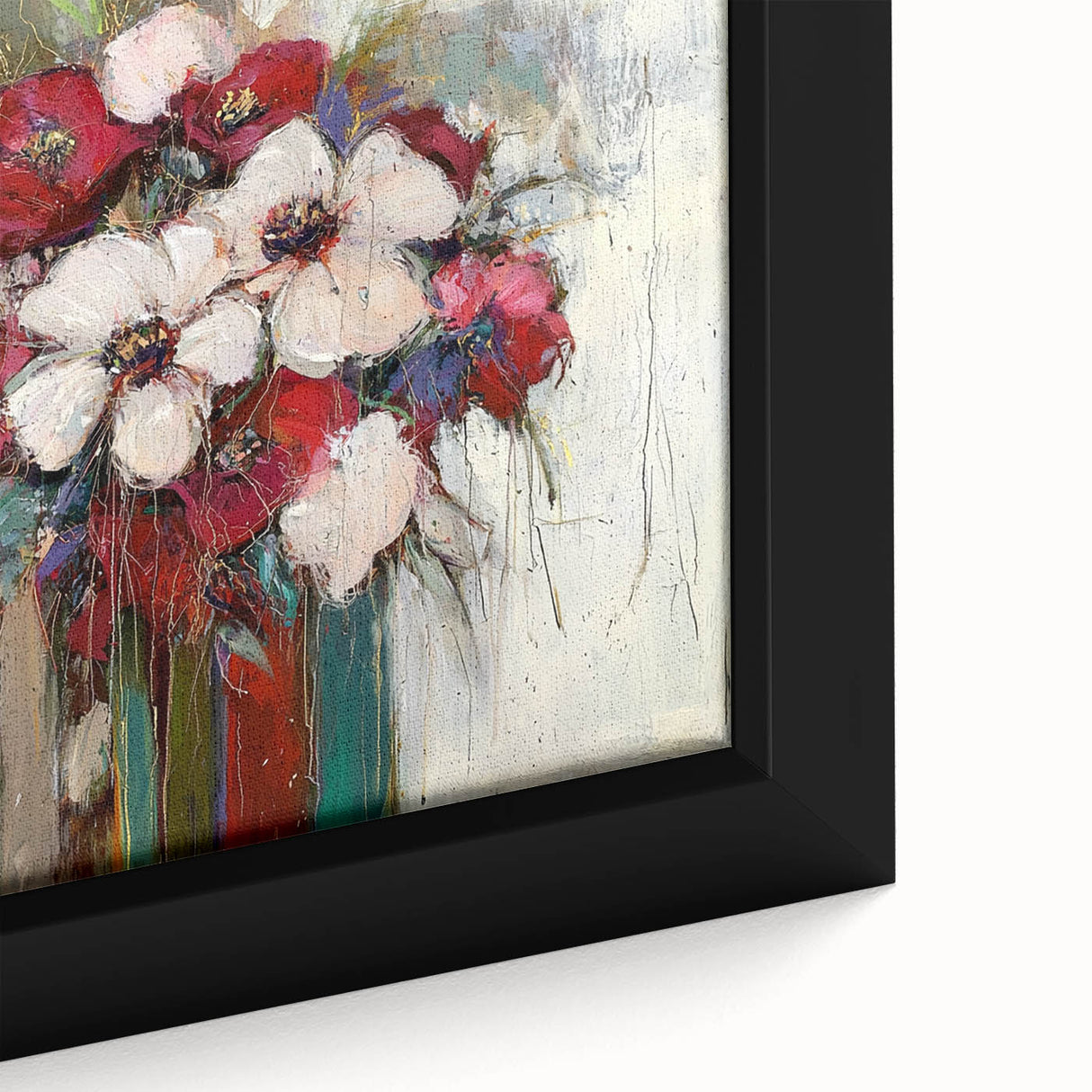 Close-up of a framed abstract floral canvas featuring vibrant colors like teal, pink, and gold, showcasing intricate details and textures ideal for modern home decor.