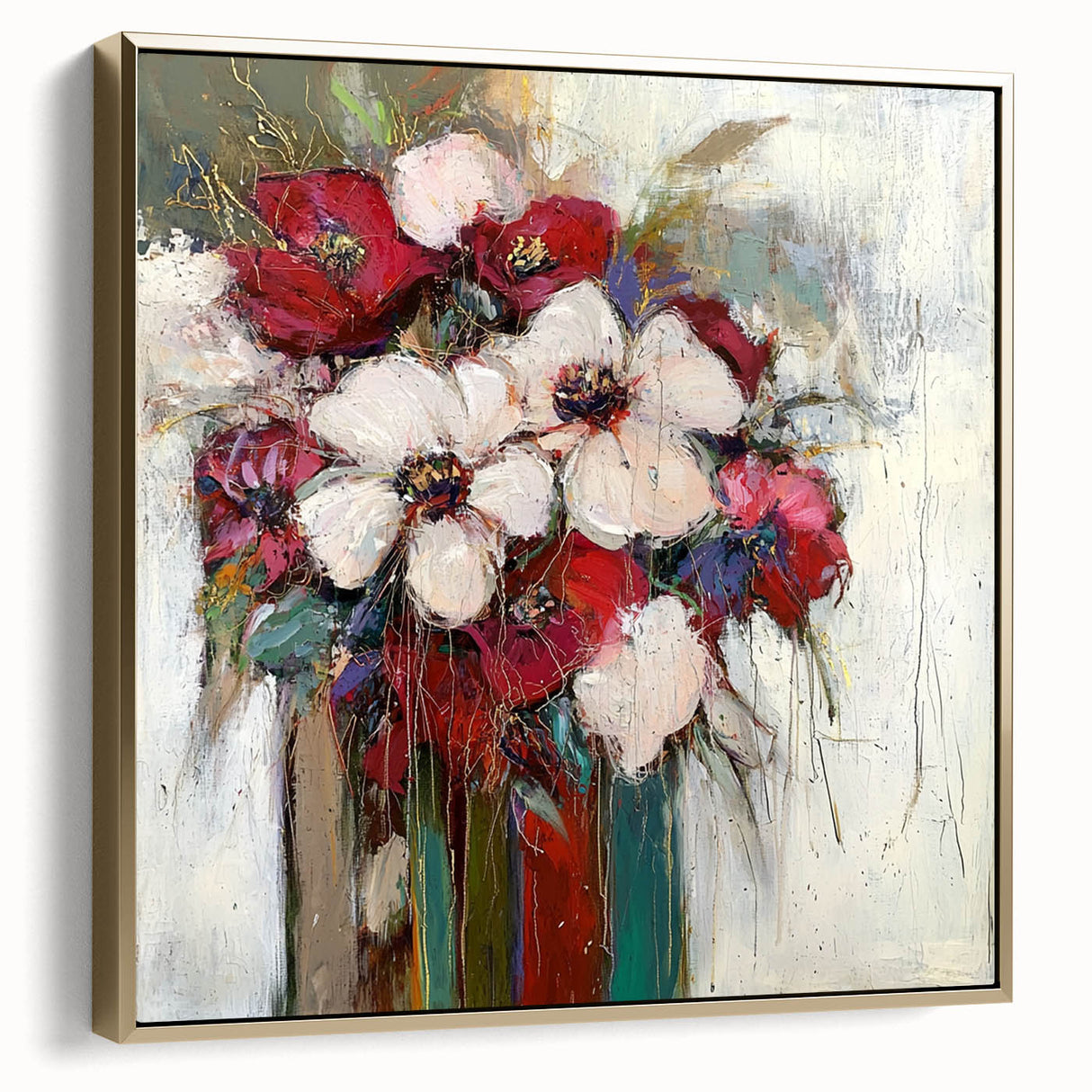 Framed canvas artwork featuring an abstract floral design in silver and gold tones, elegantly displayed against a neutral background, ideal for modern home decor.