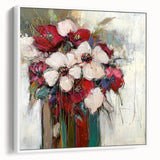 Framed canvas artwork showcasing an abstract floral design with vibrant colors and intricate details, presented in a sleek white frame, ideal for modern home decor.