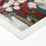 Abstract floral-themed rolled canvas artwork showcasing vibrant colors and intricate patterns, elegantly presented in a protective cardboard tube for easy storage and display.
