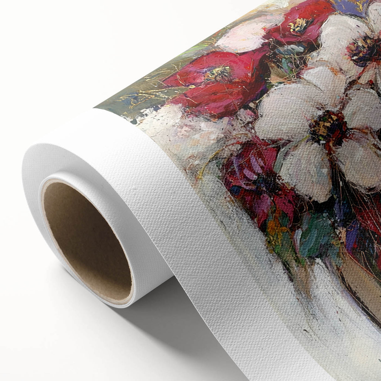 Abstract floral design on rolled canvas, showcasing vibrant colors and intricate patterns, elegantly packaged in a protective cardboard tube for art enthusiasts.