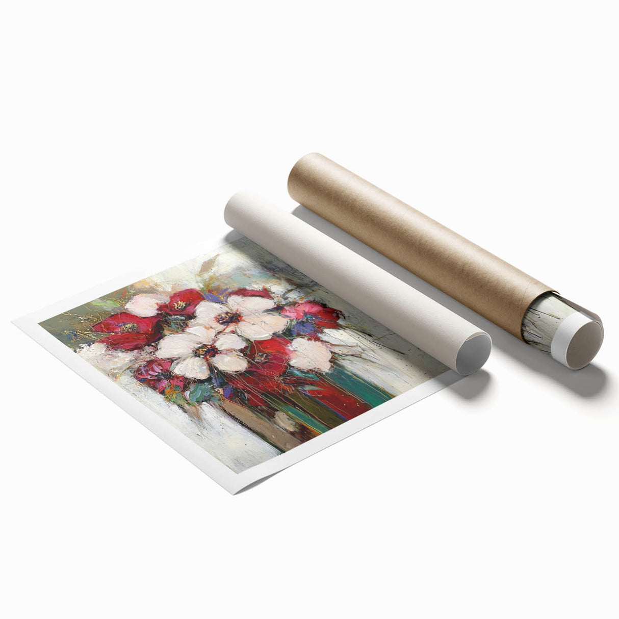 Abstract floral design rolled print showcasing vibrant colors and intricate patterns, elegantly packaged in a protective cardboard tube for safe shipping.