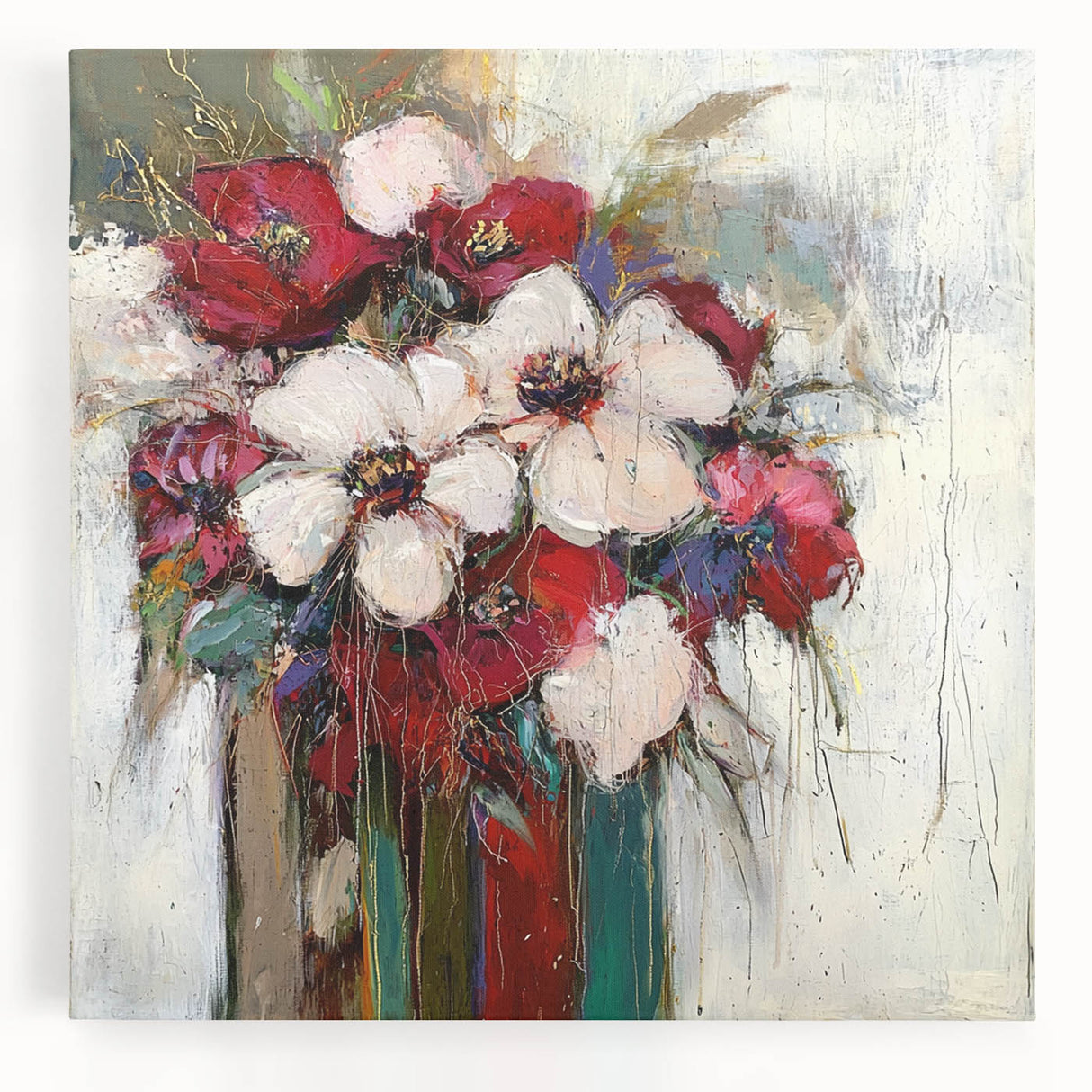 Abstract floral design stretched canvas artwork showcasing vibrant colors and intricate patterns, perfect for modern home decor and art enthusiasts.