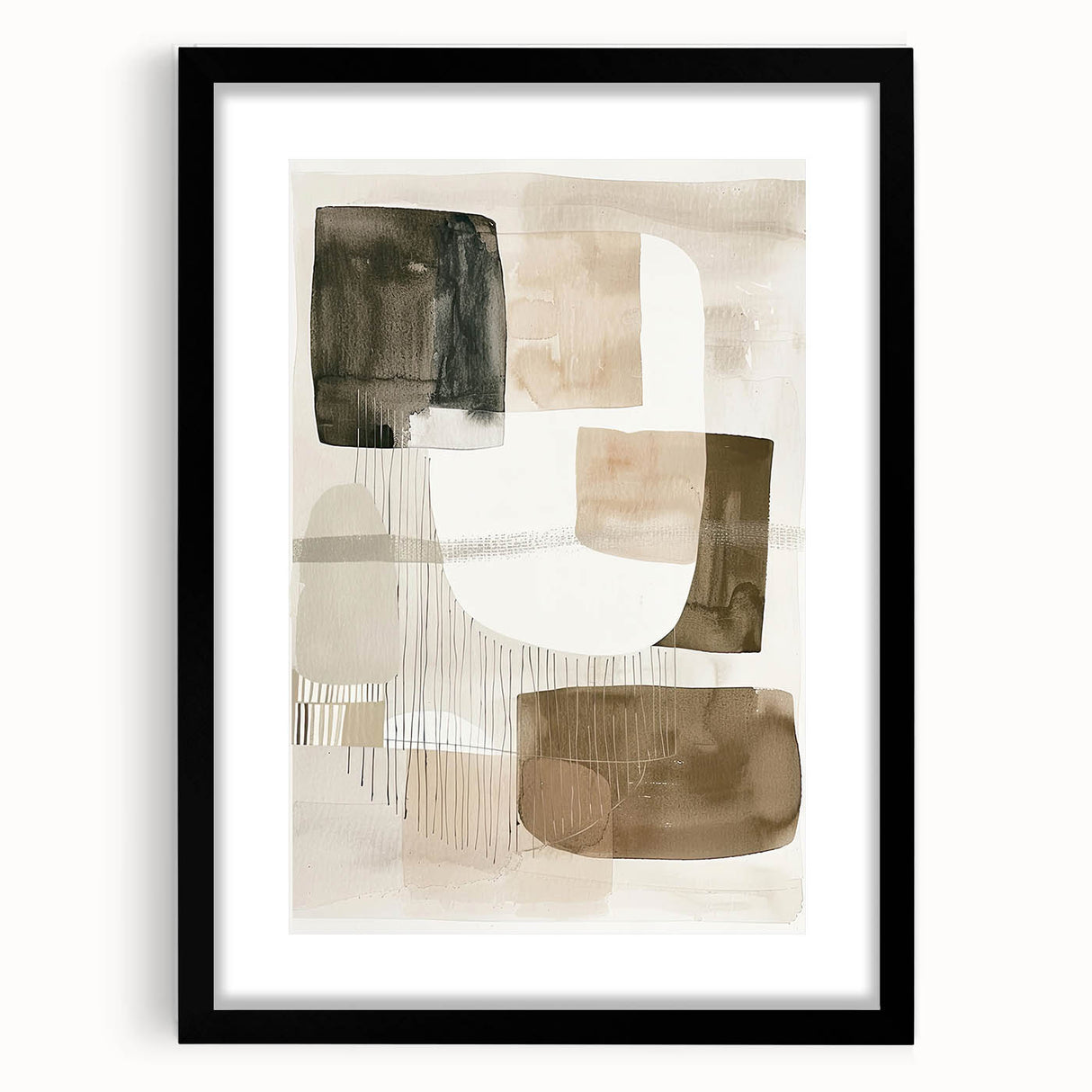 Abstract minimalist wall art design in a sleek black frame with a white mat, showcasing geometric shapes against a soft gray background, perfect for modern home decor.