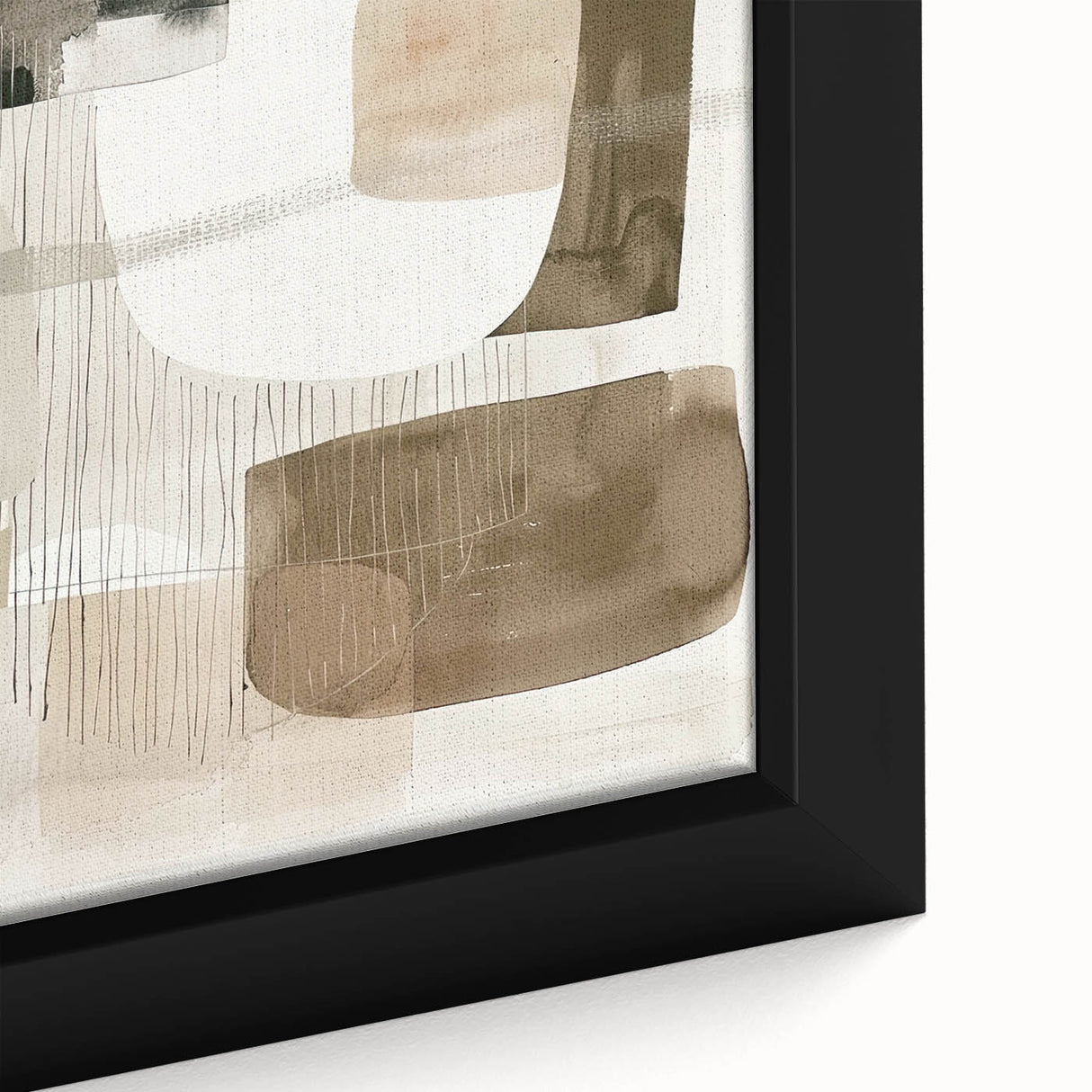 Close-up of a framed abstract minimalist wall art piece featuring soft neutral tones and geometric shapes, ideal for modern home decor and artistic interiors.