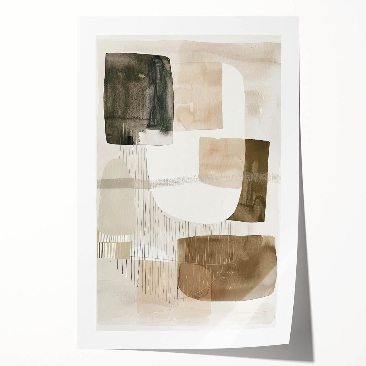 Abstract minimalist wall art print featuring soft pastel colors and geometric shapes, elegantly rolled and ready for framing, showcasing modern artistic expression.