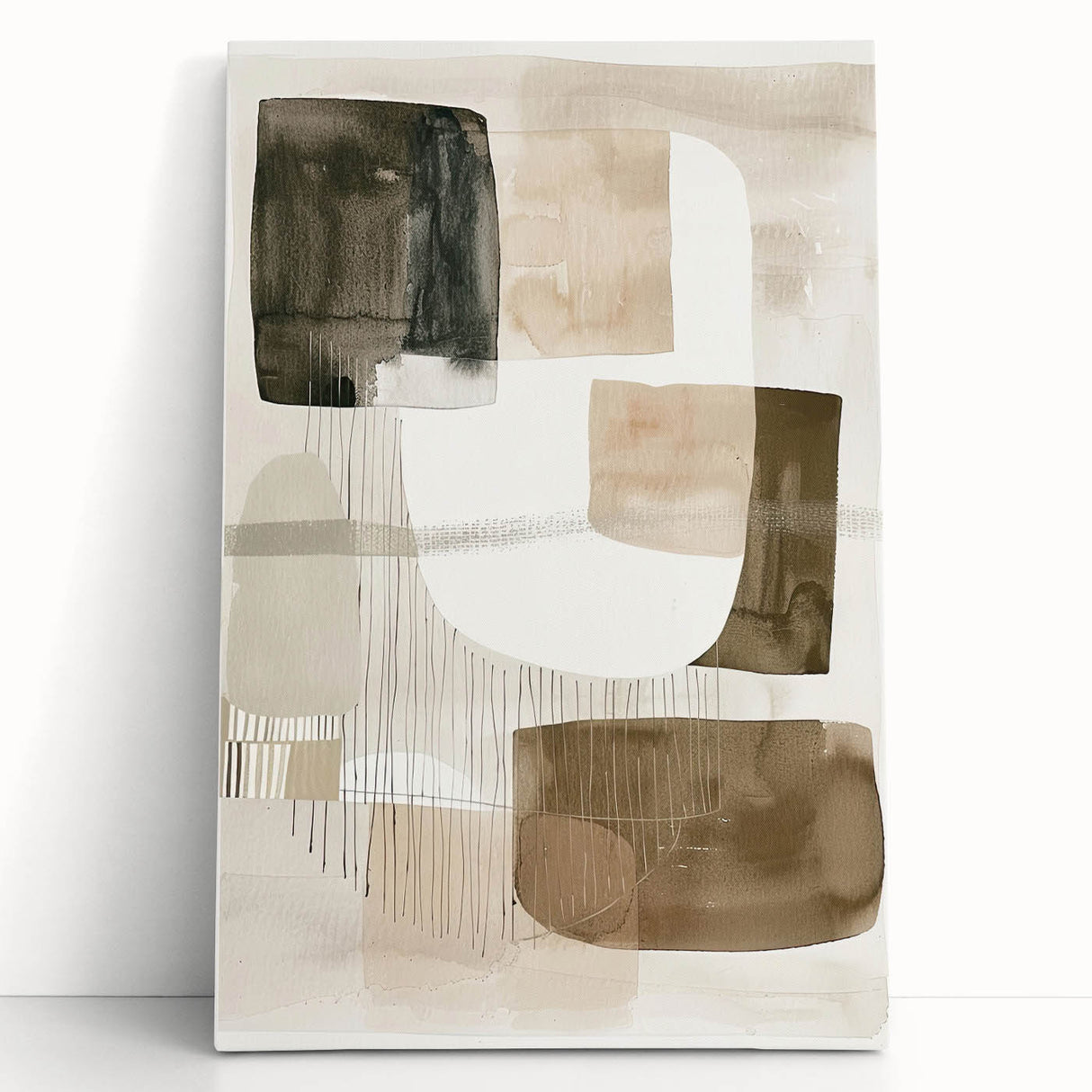 Abstract minimalist wall art canvas featuring soft pastel colors and geometric shapes, elegantly leaning against a neutral wall, perfect for modern decor.