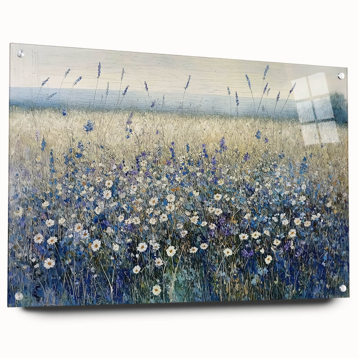 Abstract floral acrylic glass artwork displayed from a side view, showcasing vibrant colors and intricate designs, secured with decorative pins for added style.