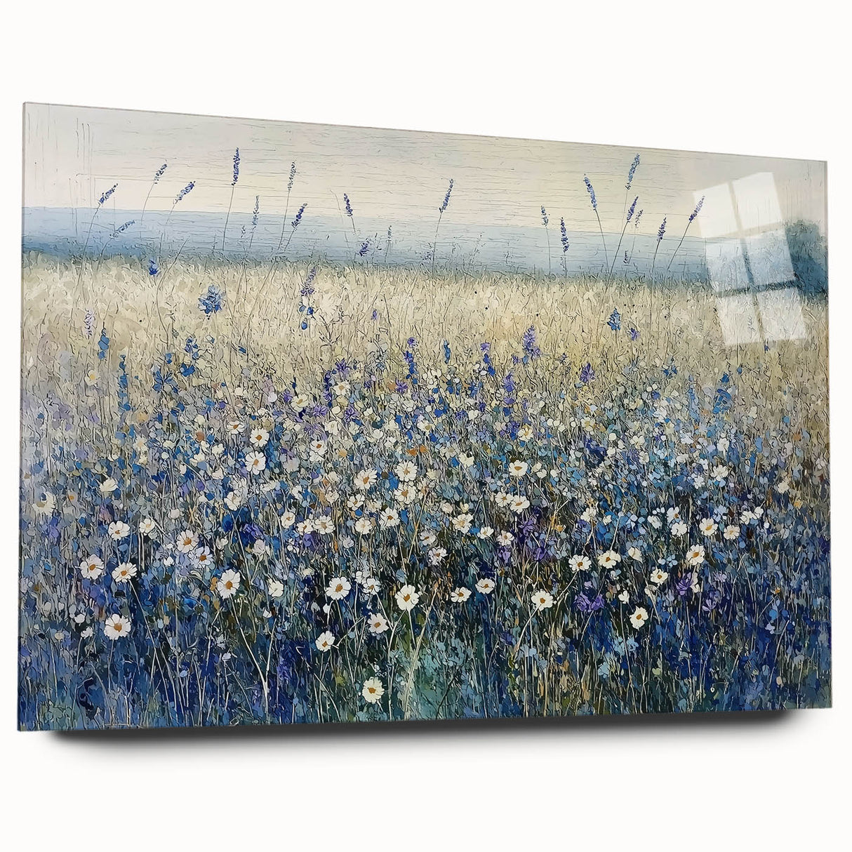 Abstract floral acrylic glass artwork showcasing vibrant colors and intricate patterns, viewed from the side, highlighting its modern design and glossy finish. Perfect for contemporary home decor.