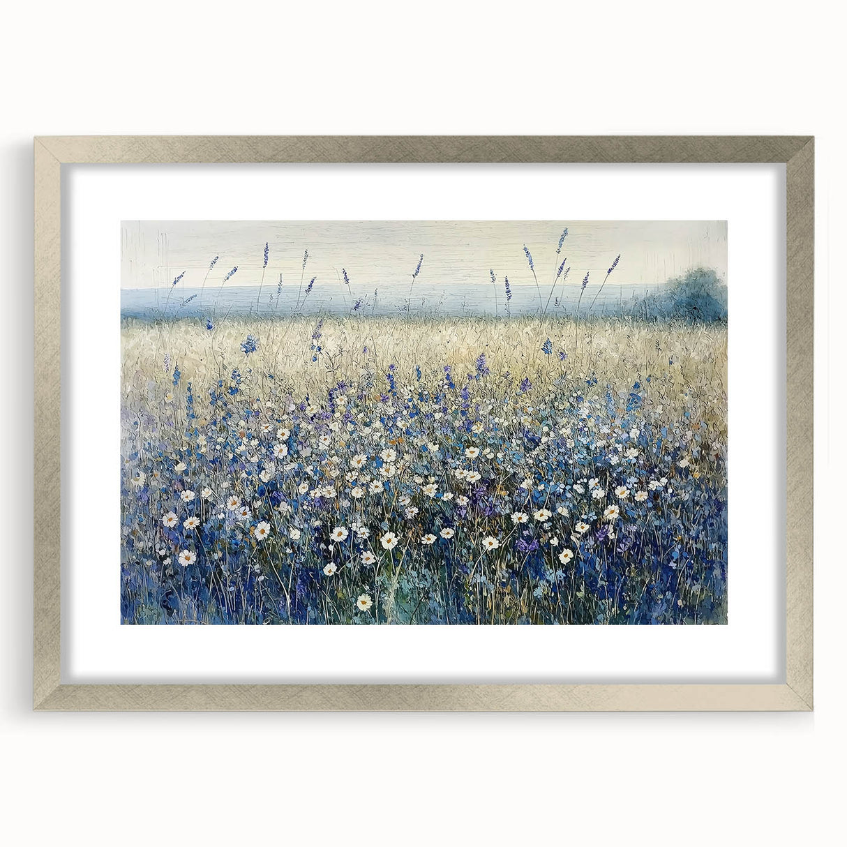 Elegant silver-framed abstract floral artwork with a mat, showcasing vibrant colors and intricate details, ideal for modern home decor and interior design.