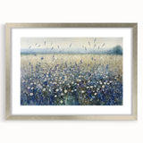 Elegant silver-framed abstract floral artwork with a mat, showcasing vibrant colors and intricate details, ideal for modern home decor and interior design.