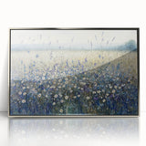 Framed acrylic artwork showcasing an abstract floral design with vibrant colors and elegant silver accents, perfect for modern home decor or office spaces.