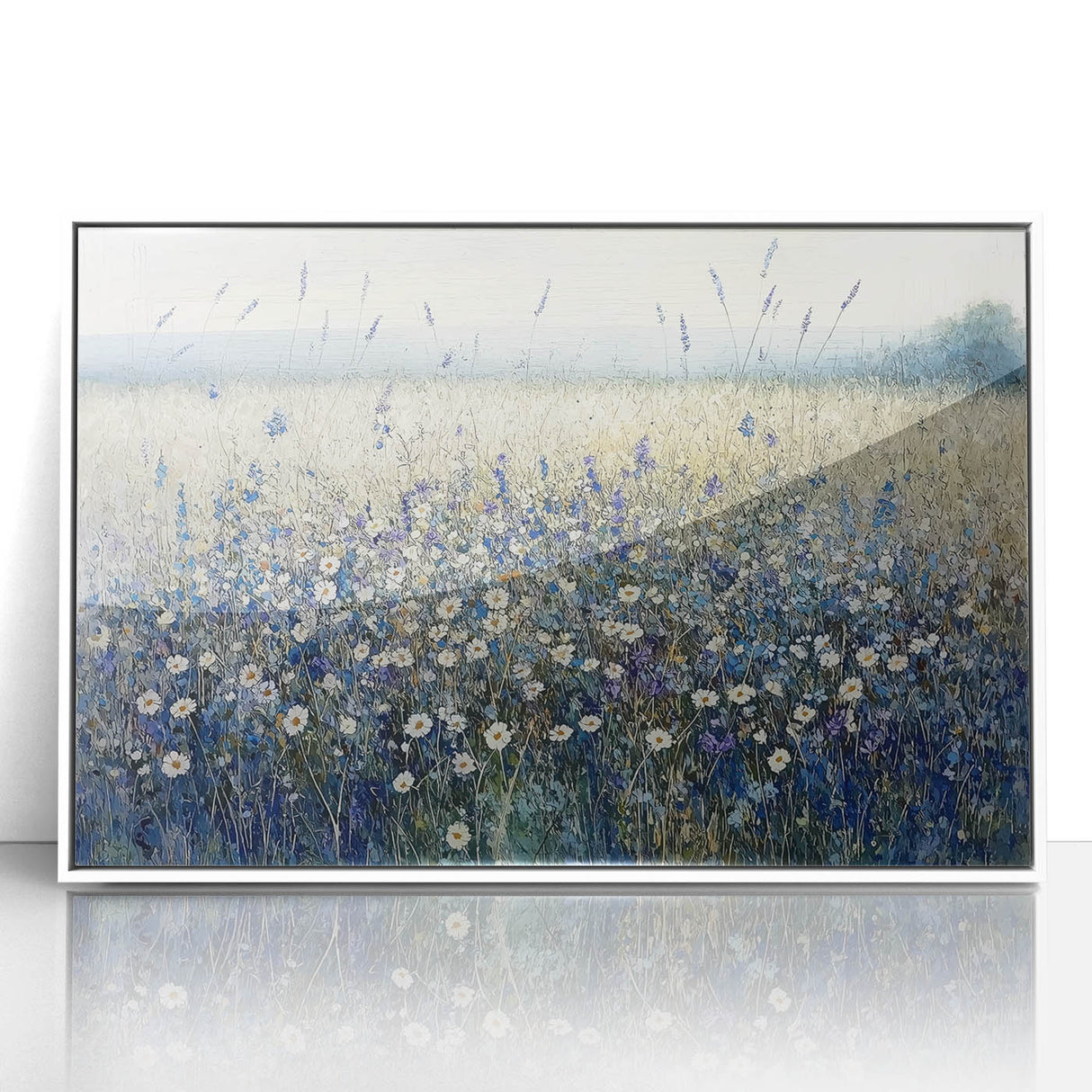 Framed acrylic artwork showcasing vibrant abstract florals in shades of pink, blue, and green, set against a clean white background, perfect for modern decor.