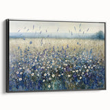 Framed canvas artwork showcasing a vibrant abstract floral design in bold colors, with a sleek black frame, perfect for modern home decor.