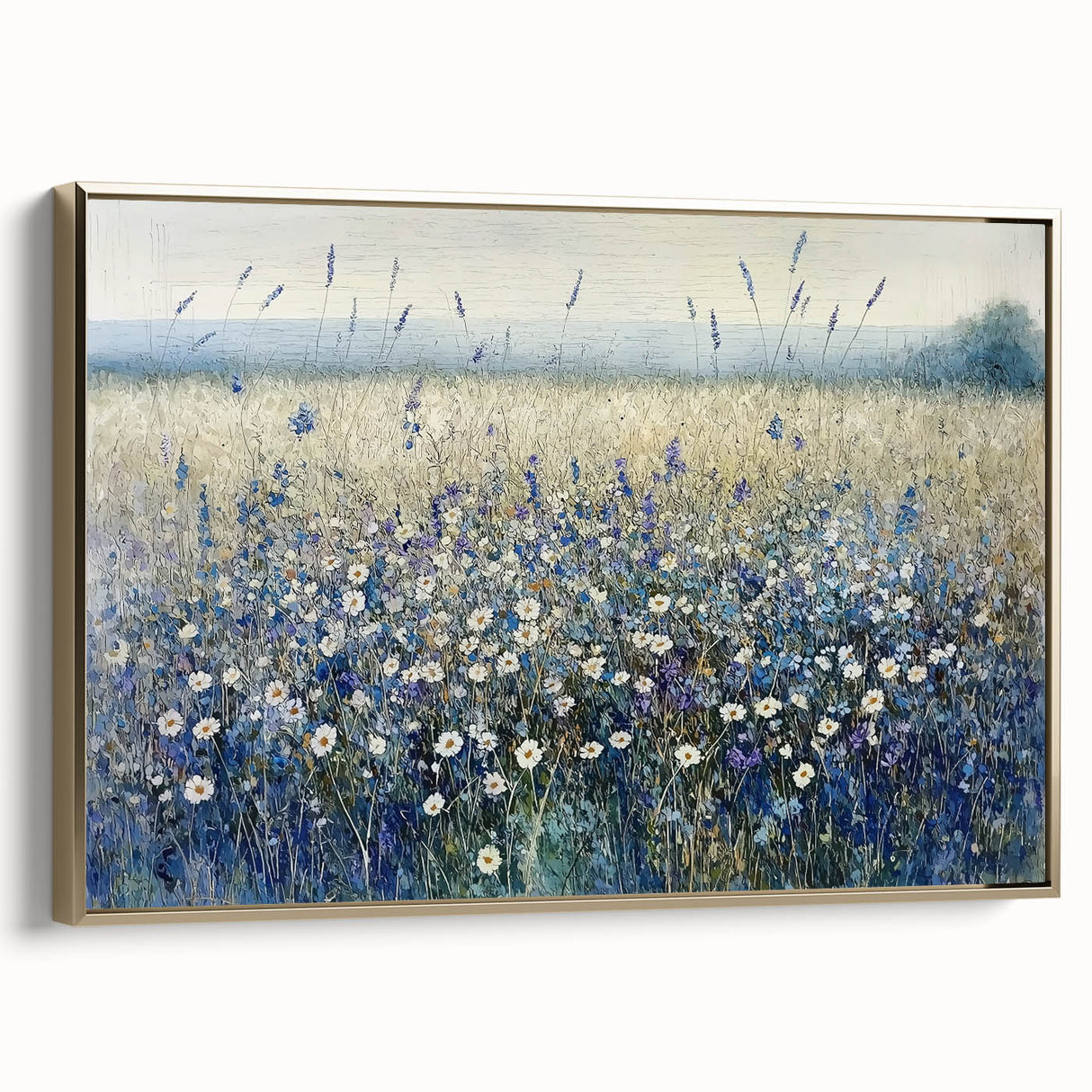 Framed abstract floral canvas artwork showcasing vibrant gold accents and colorful blooms, elegantly displayed from a side view, perfect for modern home decor.