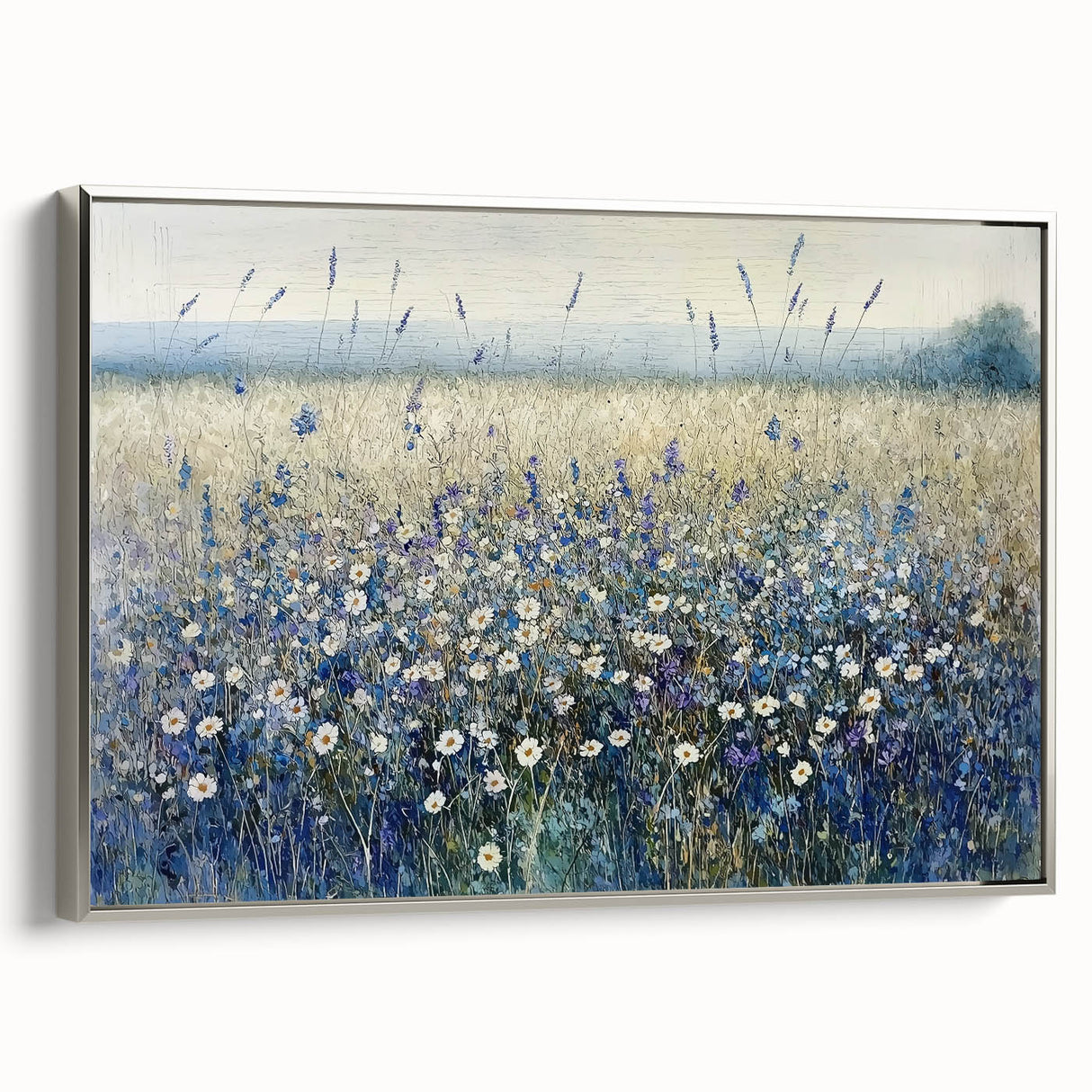 Framed canvas artwork showcasing abstract floral designs in vibrant colors with a silver frame, perfect for enhancing modern home decor and adding elegance to any room.