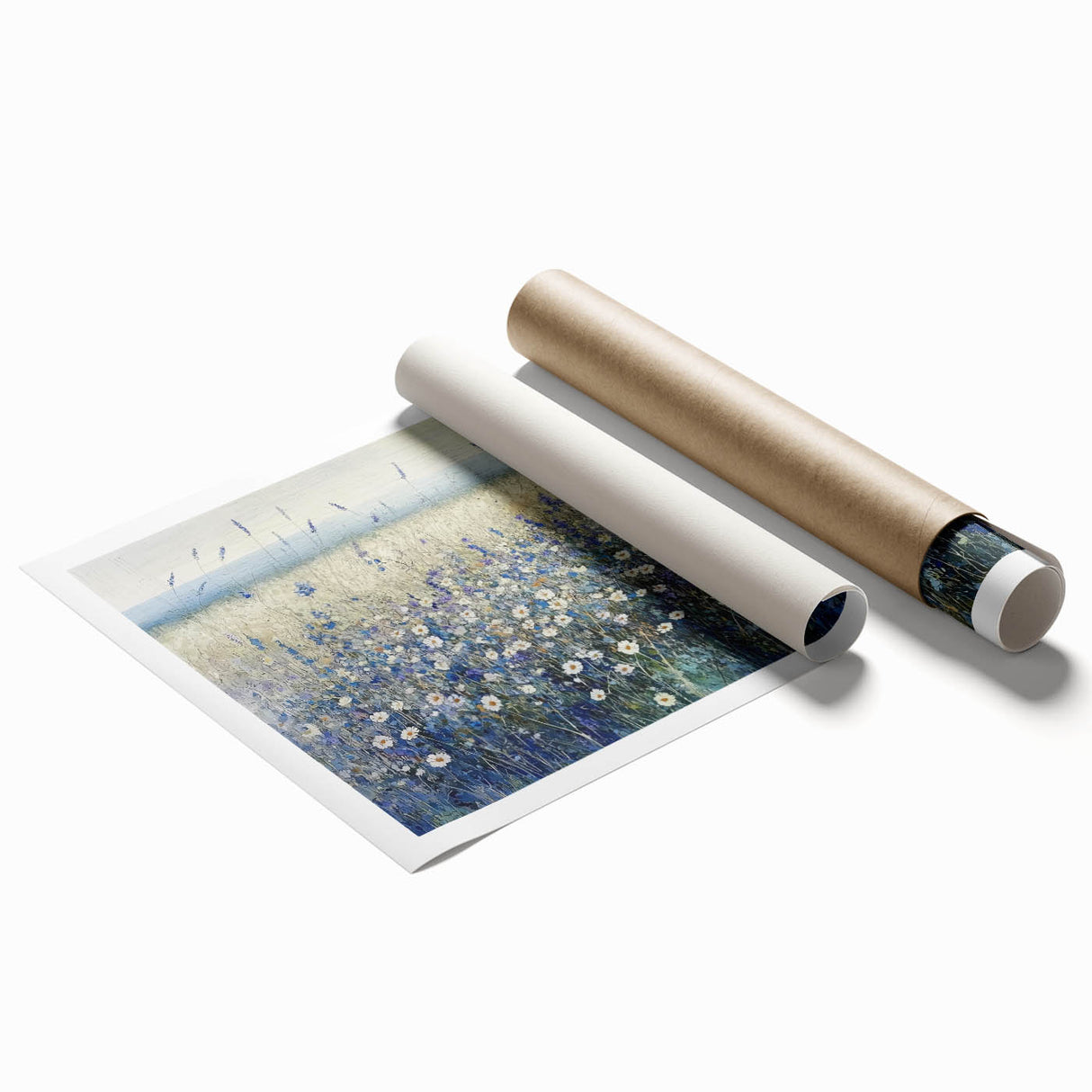 Vibrant abstract floral rolled print in shades of blue, pink, and yellow, showcasing intricate patterns and textures, perfect for modern home decor.