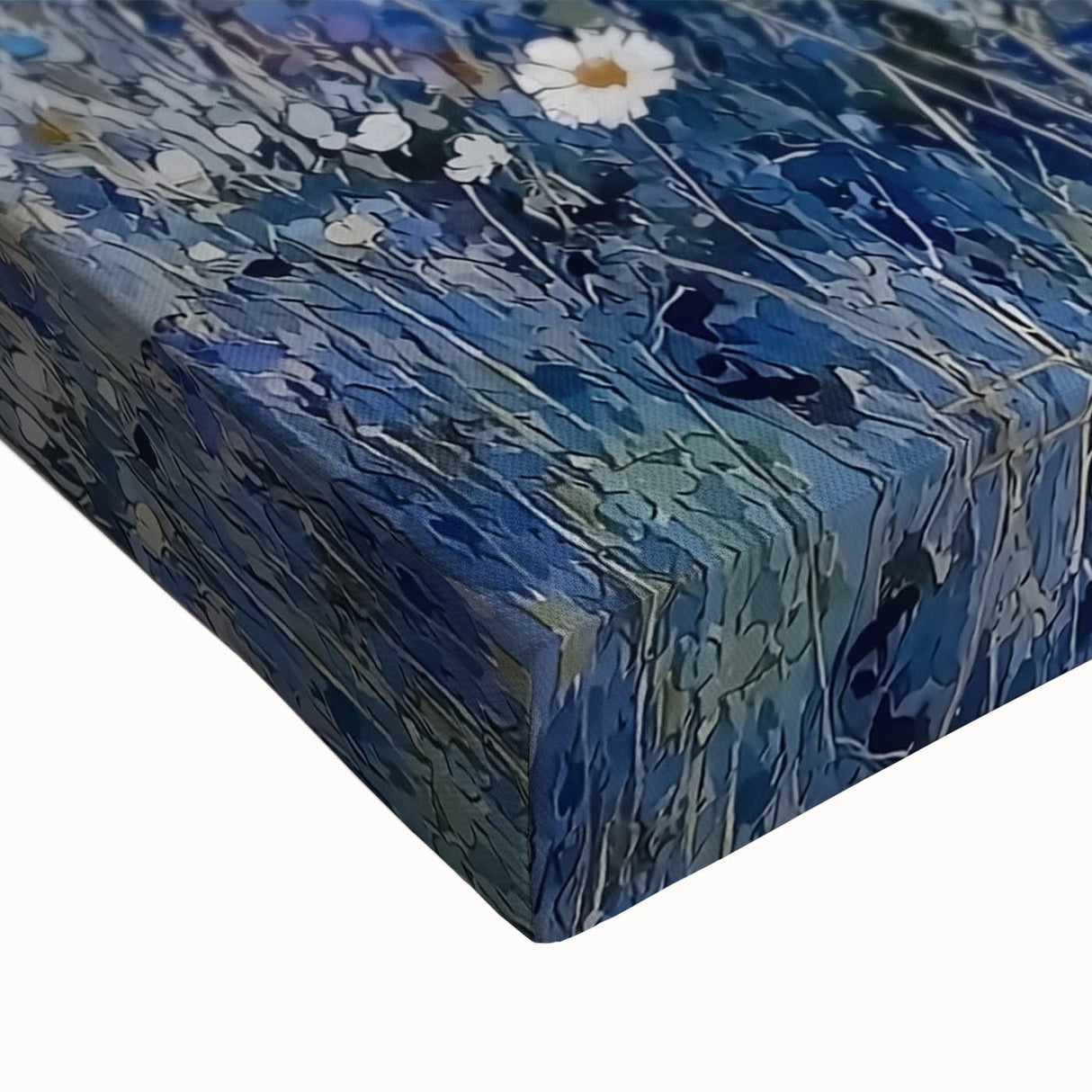 Vibrant close-up of an abstract floral design on stretched canvas, showcasing intricate brush strokes in shades of blue, pink, and gold, perfect for modern decor.